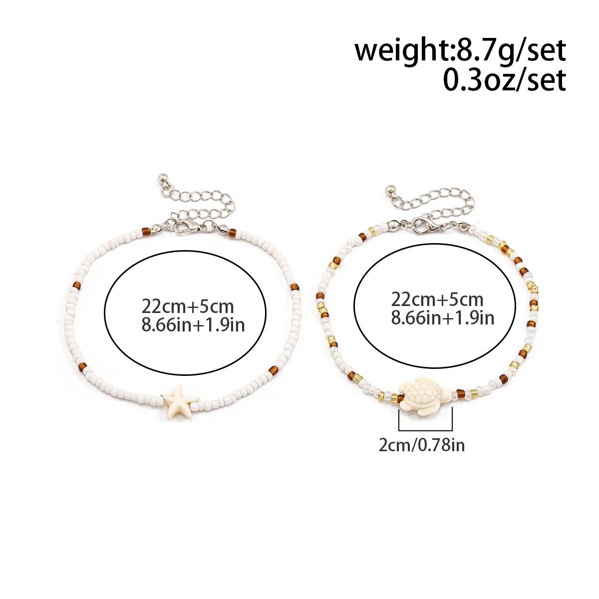 Ingemark 2Pcs Kpop Boho Starfish Turtles Conch Seed Beads Chain Anklet for Women Summer Beach Sweet Ankle Barefoot Y2K Jewelry