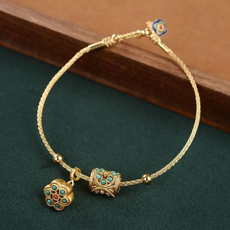 Ancient gold craftsmanship inlaid turquoise lotus with adjustable bracelet temperament retro palace ancient ladies jewelry