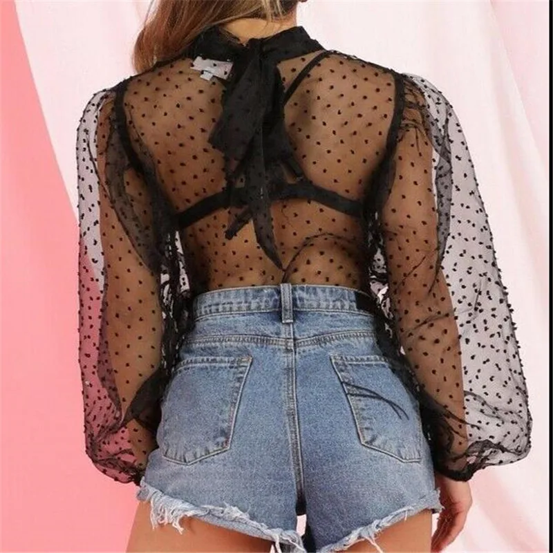 Summer Sexy Thin Mesh Women Polka Dot Sheer See-through Tops Bikini Cover-Ups Puff Long Sleeve Blouse Shirts Beachwear Loose Top