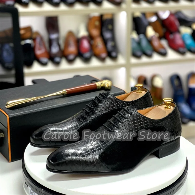 British Style Mixed Color Leather Splicing Loafers Male Pointed Toe Chunky Heel Shallow Lace-Up Oxfords High Quality Dress Shoes