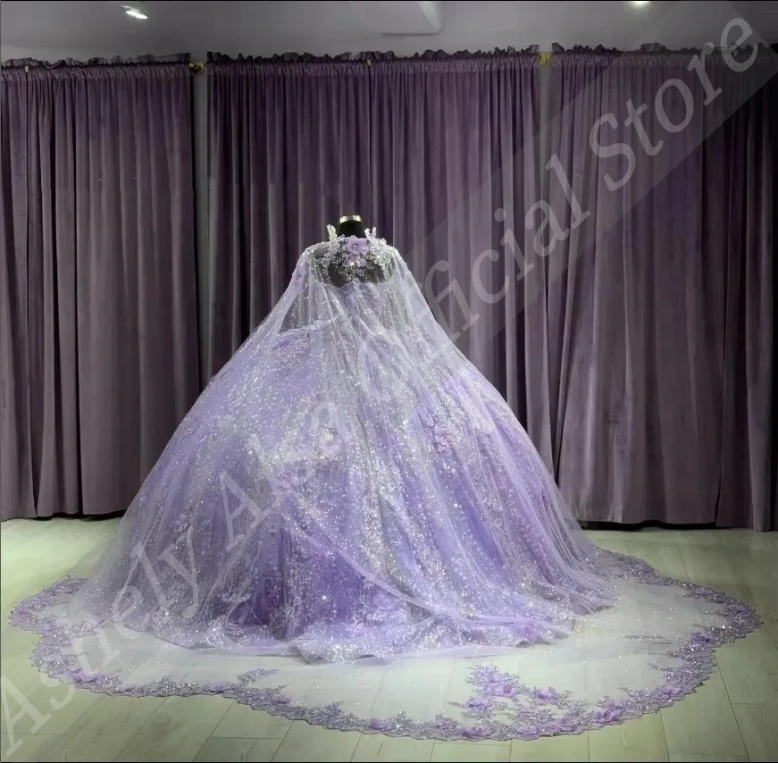 AQ16 personalizado mexicano lavanda Vestido De xv Anos flor apliques Vestido De baile dulce 15 16 años niña Vestido para quinceañeras con capa