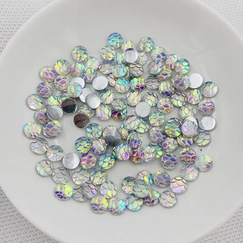 6mm&7mm White AB Mermaid Fish Scale Flat back Rhinestone Round Cabochon Embellishment Scrapbooking DIY Crafts Nail design art