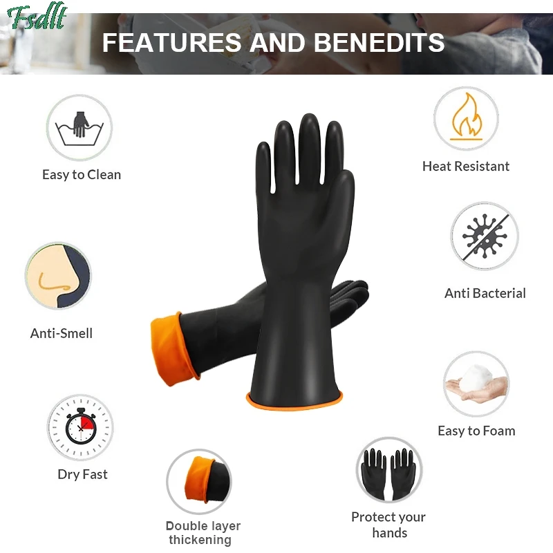 1Pair 35cm Black Acid Resistant Rubber Gloves Wear-Resistant Waterproof Gloves Work Safety Gloves cleanning tool for kitchen