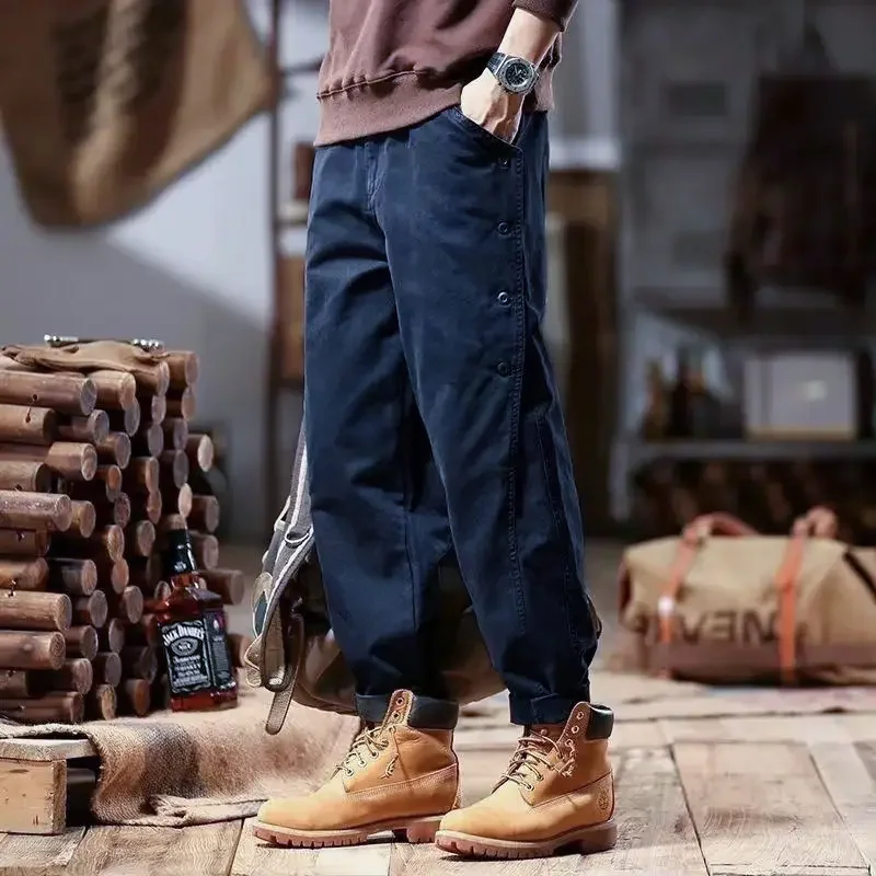 Loose Casual Fashion All-match Vintage Lantern Pants Men Elastic Waist Buttons Cotton Sweatpants Solid Button Pockets Trousers