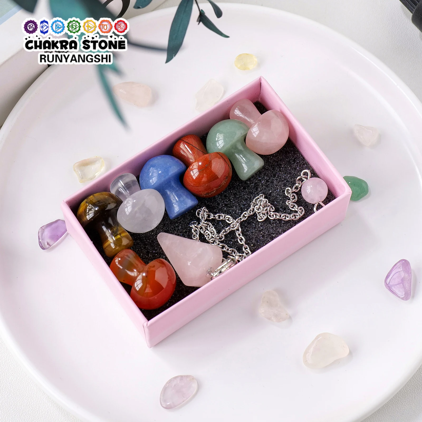 

Natural Stone Crystal Colorful Mushroom Rose Quartz Pendulum Set Box Home Meditation Decor Fengshui Collection Original Gifts