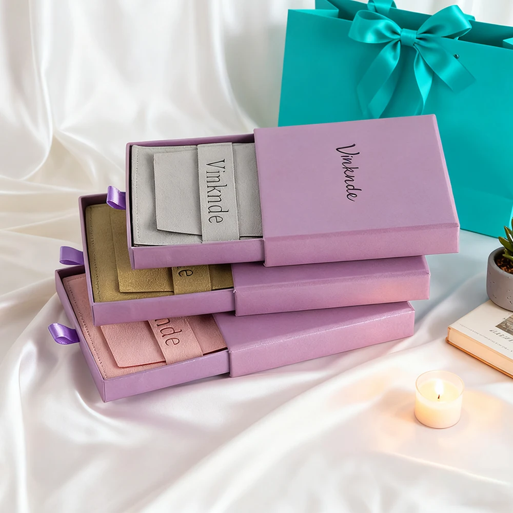 

Custom Logo 7x9x3cm Paper Drawer Box Jewelry Necklace Ring Bracelet Earring Pull out Packaging Boxes With Microfiber Bag Pouch