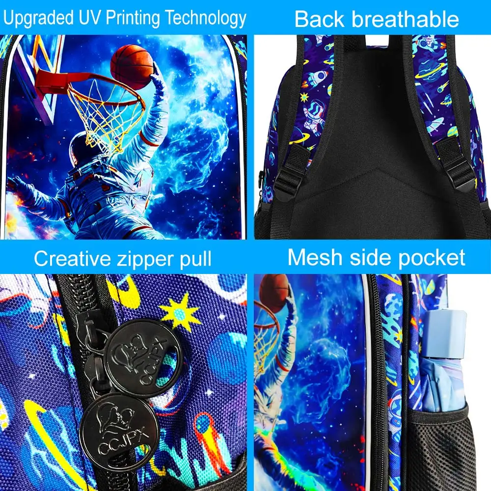 3 قطع حقائب ظهر للأولاد، حقيبة كتب للأطفال مقاس 16 بوصة مقاومة للماء للأولاد، حقيبة ظهر خفيفة الوزن مع صندوق غداء - كرة سلة رواد الفضاء #2