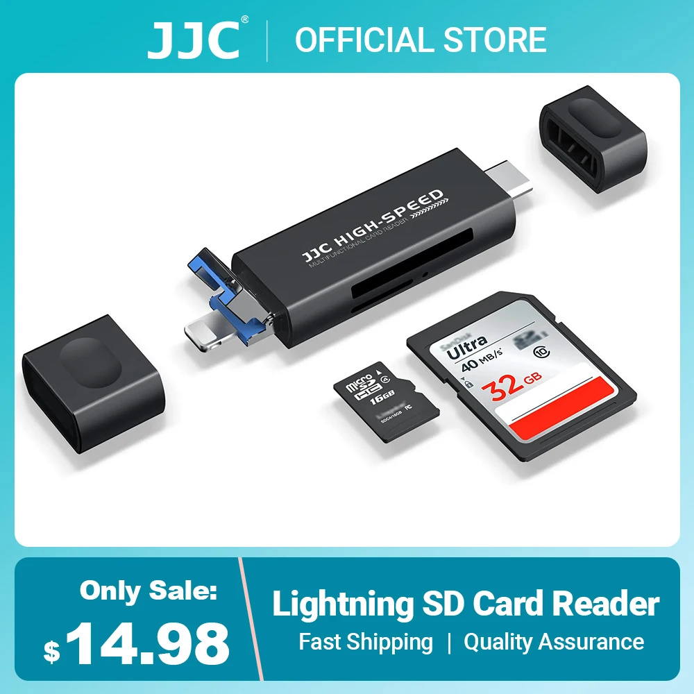 JJC USB 3.0 SD/ MicroSD Memory Card Reader Adapter with USB 2.0 Type-A/ Lightning/ USB 3.0 Type-C Port for iPhone 16 15 Pro Max