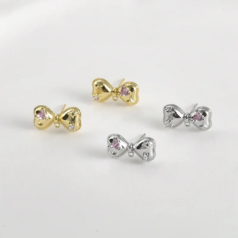 14k Copper-plated Gold Color Cute Pink Zirconium Butterfly Bow Tie Left and Right Studs DIY Handmade Earrings Accessories