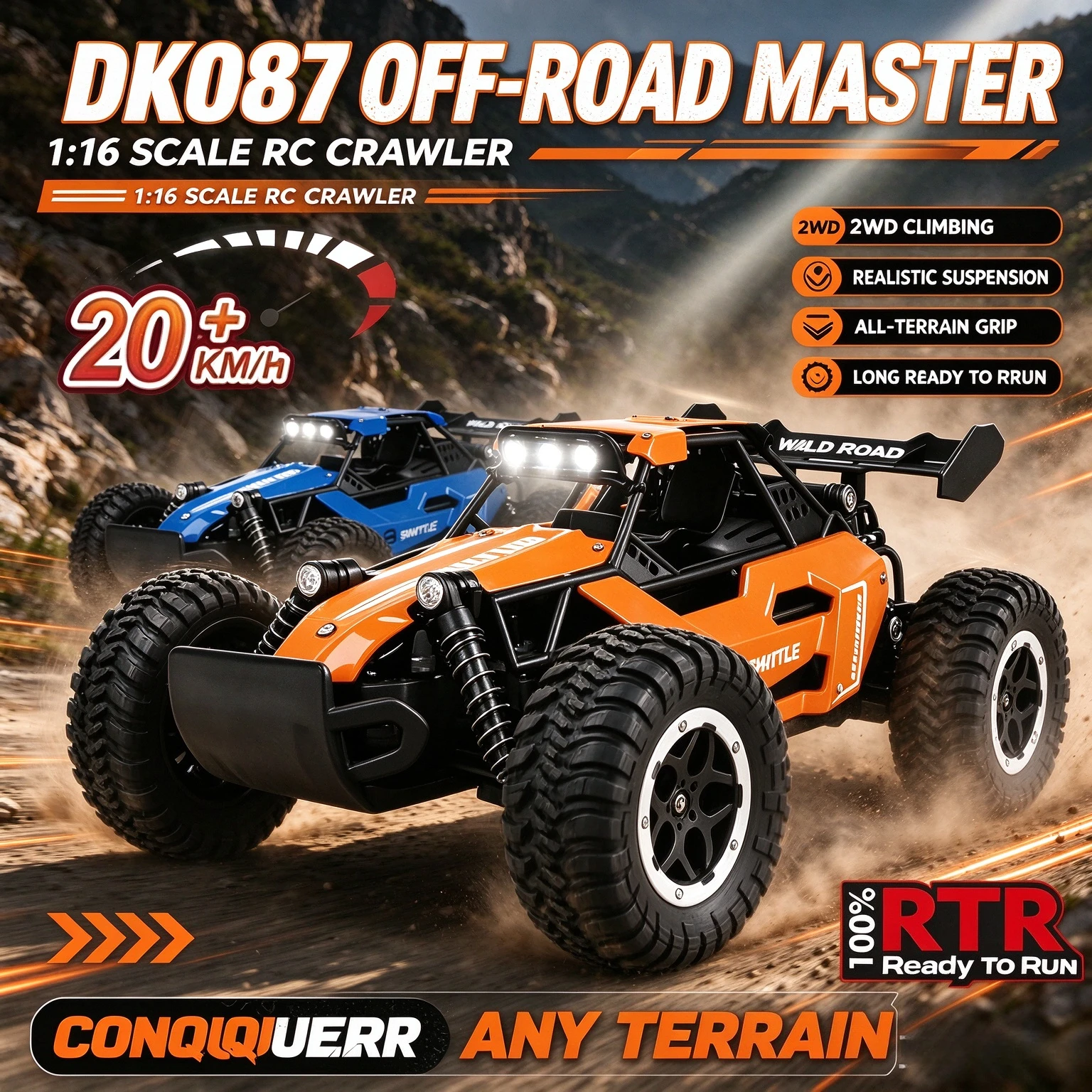 1:16 20KM/H High Speed RC Monster Truck, Remote Control Off-Road Car with LED Lights, Durable RC Toy Gift for Kids & Adults
