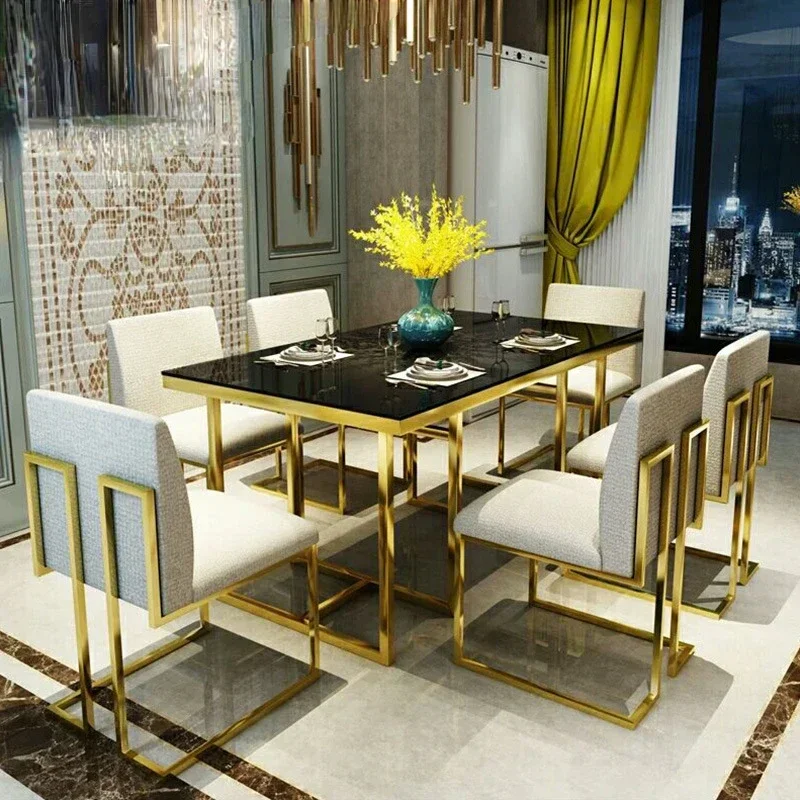 Luxurious golden living room fashion simple modern stainless steel rectangular glass dining table and chair combination