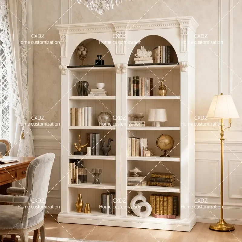 American Retro Arched Bookcase Solid Wood Carving Neoclassical Display Cabinet with Ladder Bookshelf Combination Customizable