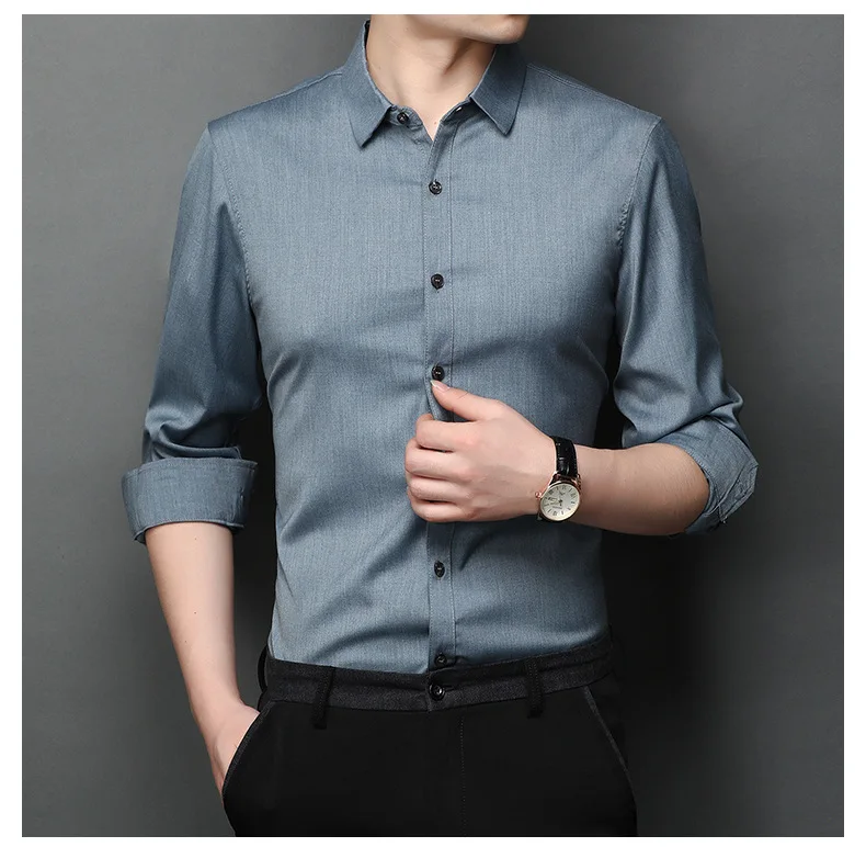 Solid Color Spring and Autumn Long-sleeved Men Shirt Men\'s Business Casual Lapel Shirt Soft Top Thin Clothing Men