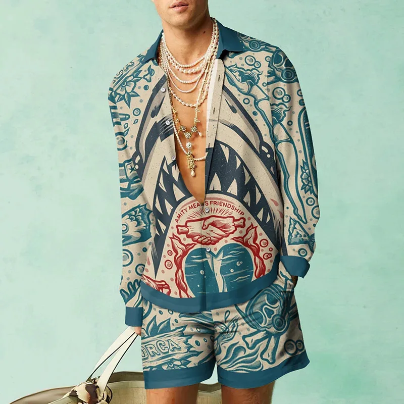 Turtle printed men\'s shirt two-piece set Hawaii quick drying long sleeved shirts set beach shirt casual set outdoor fashion tops