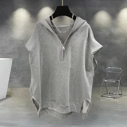 Summer Men's Zip up Sleeveless Hooded T-shirt 2024 New Korean Fashion Tank Tops Y2K Streetwear Casual Vests Hip Hop Tee Shirts