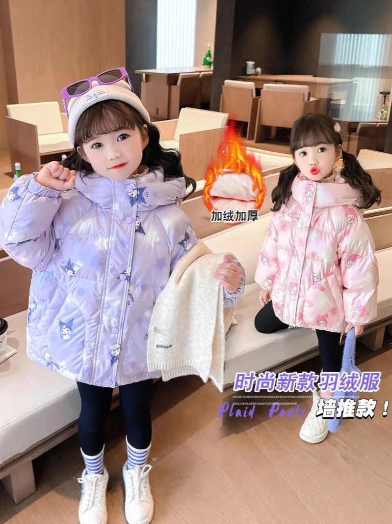 

Пуховик для девочек, осенне-зимний Sanrio Kuromi, новинка 202, детская модная утолщенная зимняя куртка средней длины на белом утином пуху