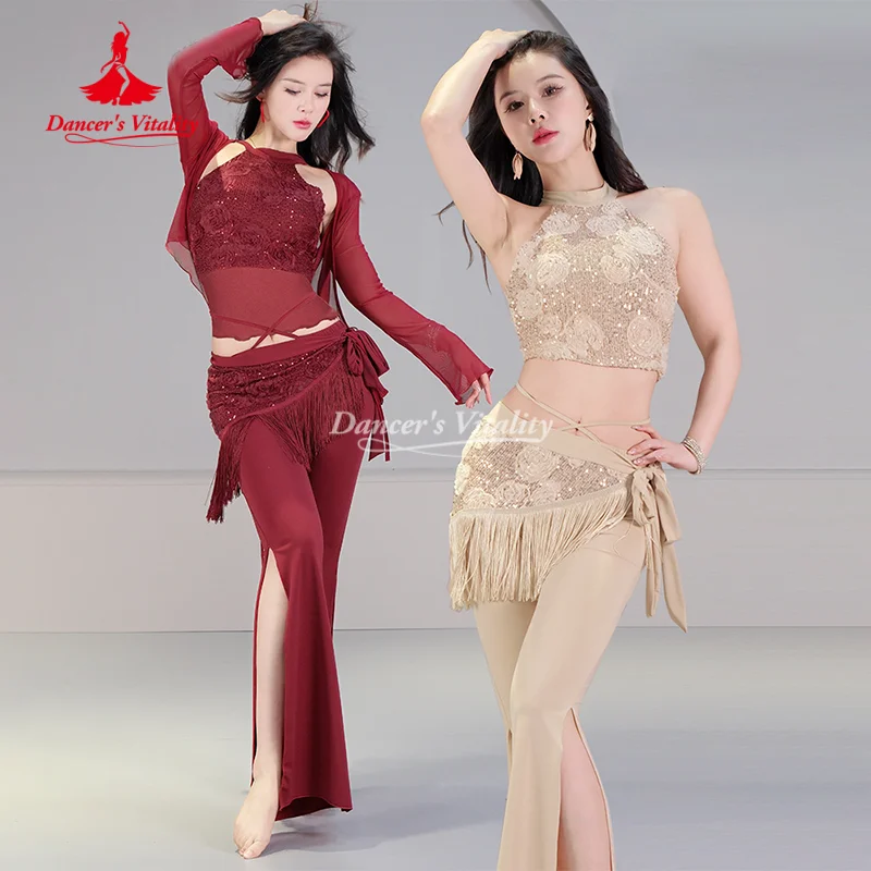 

Одежда для тренировок BellyDance, топ с блестками + пальто + шарф с кисточками + сексуальные утягивающие брюки, 4 шт., костюм для восточного танца, жизненность танцовщицы