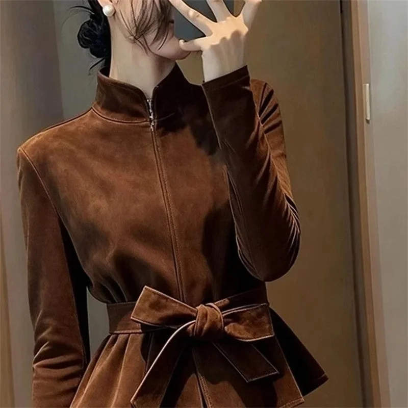 Women Jacket 2026 Spring Short Unique Super Beautiful Retro High-End Feeling Brown Coat Stand Collar Outerwear Match Belt