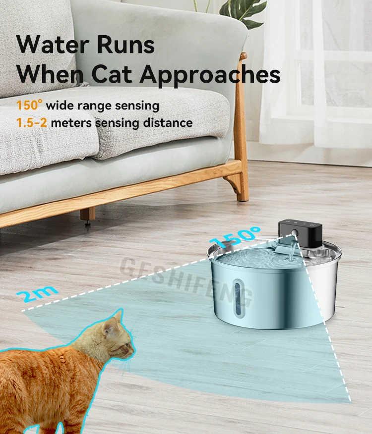 Cordless Wireless 304 Stainless Steel Pet Dog Water Fountain 3.2L Cat Dispenser with Motion Sensor, Rechargeable Battery