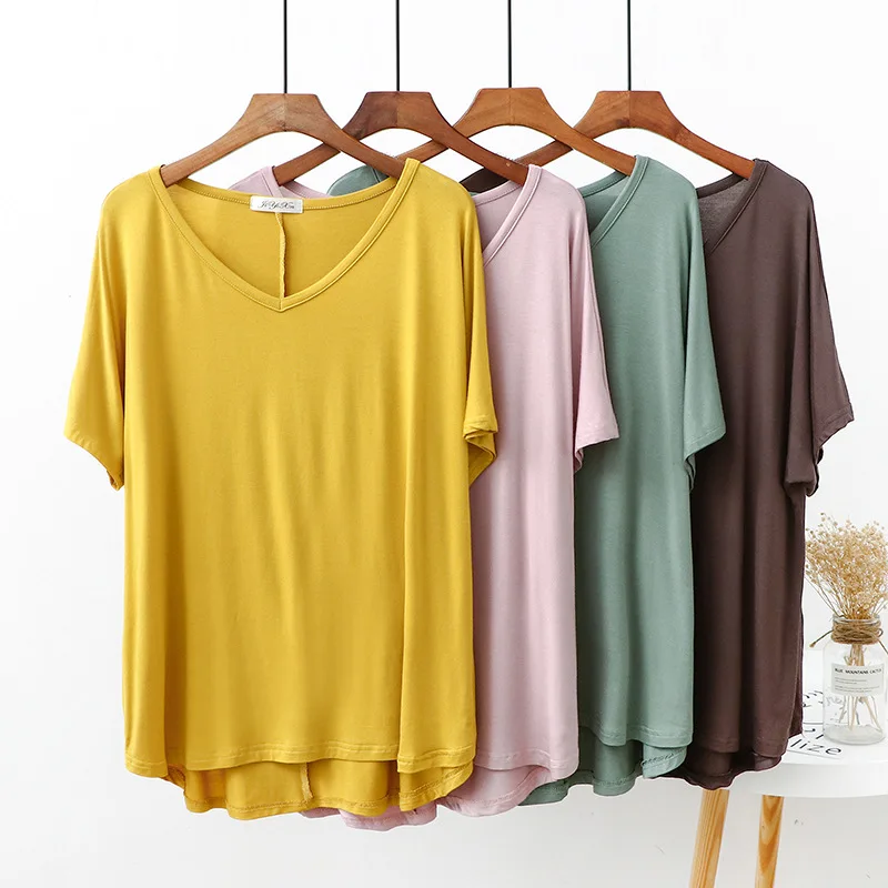 Plus size t-shirt z dekoltem w serek w jednolitym kolorze damskie luźna koszulka krótkie rękawy z wysokim niskim Tee