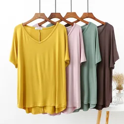 Plus size t-shirt z dekoltem w serek w jednolitym kolorze damskie luźna koszulka krótkie rękawy z wysokim niskim Tee