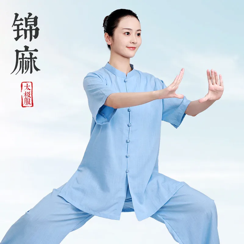 Martial Arts Tai Ji Suit Female   Cotton and Linen Eight-Section Brocade Exercise Clothing Male Summer Thin Short-Sleeved