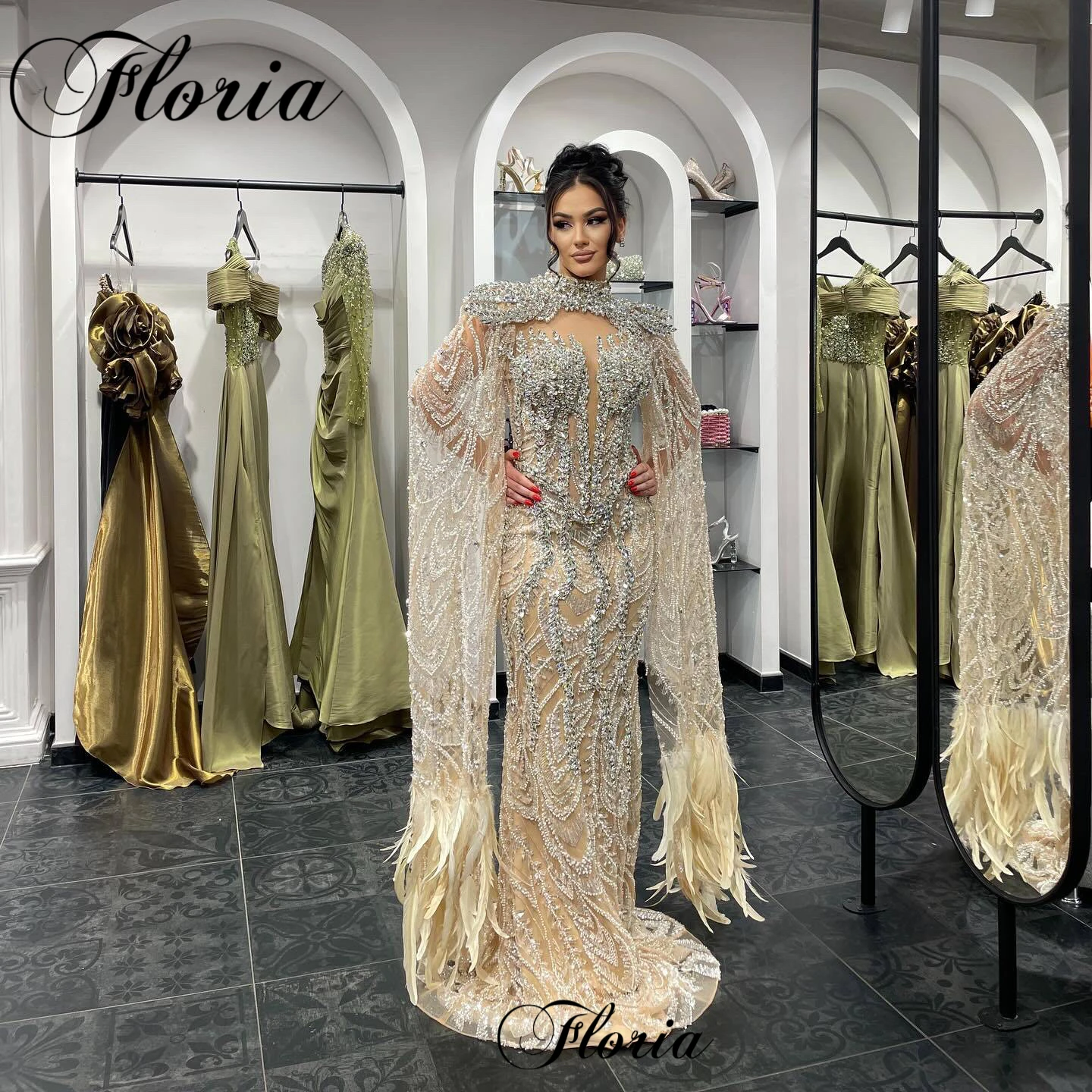 Luxury Champagne Evening Dresses With Crystals Long Sleeves Mermaid Celebrity Dresses For Women 2025 Robes De Soirée Customized