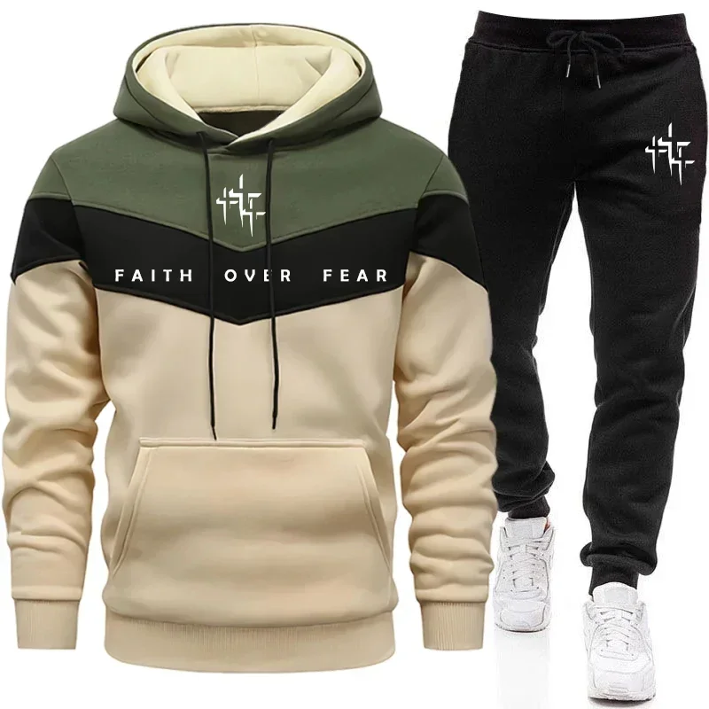 Faith Over Fear Men's Tracksuit Hooded Sweatshirt and Jogger Pants Urban Fashion Hoodies Outfits Autumn Winter Casual Sportswear