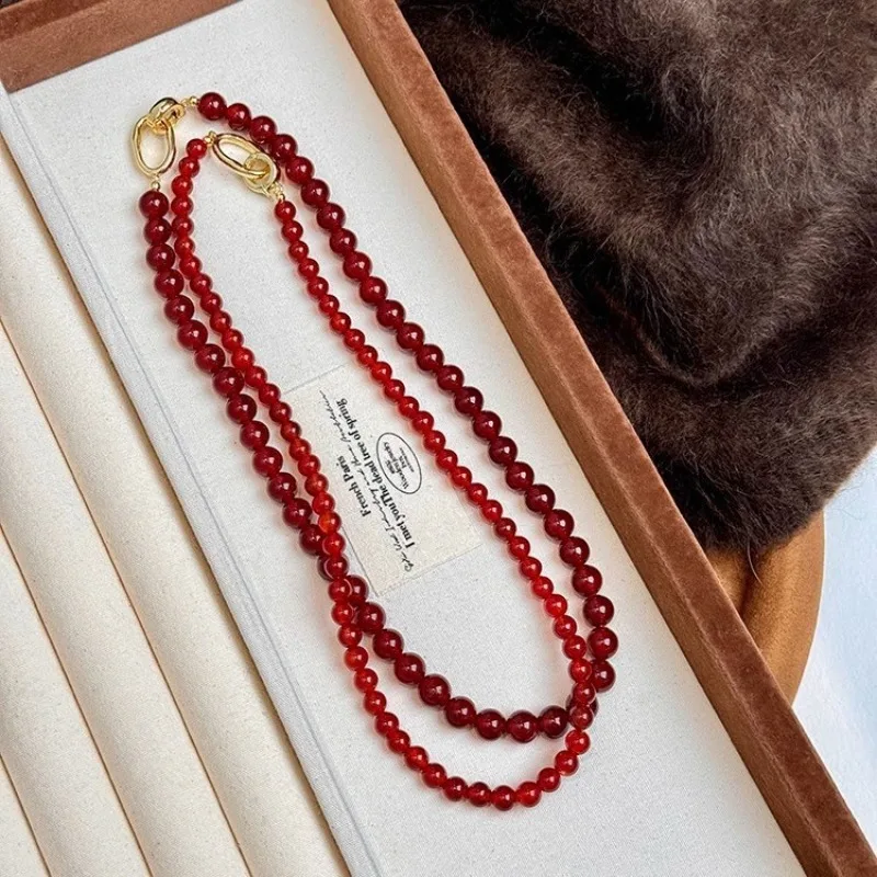 

Minar Chinese Style 4 6 8 10mm Red Agate Natural Stone Beaded Necklace for Women Gold Plated Toggle Clasp Circle Strand Choker