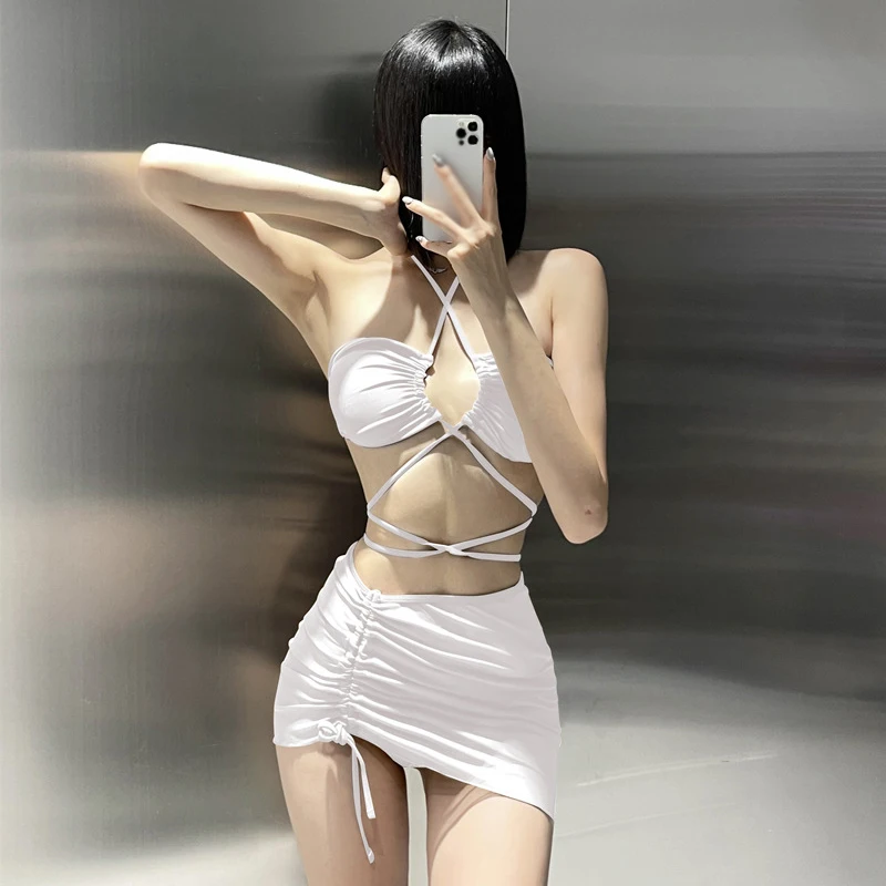 

Женский цельный купальник, женское Бразильское бикини с высокой талией, купальник на шнуровке, микро-бикини с юбкой, однотонная пляжная одежда 2023