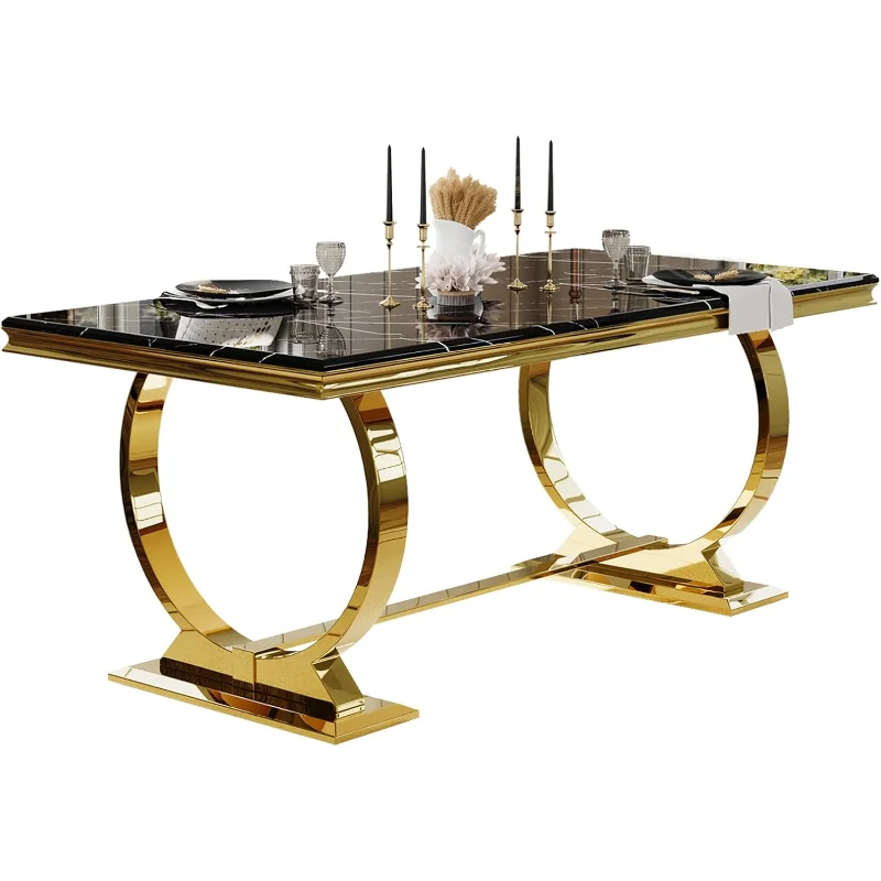 

ACEDÉCOR Modern Dining Room Table with Gold Stainless Steel Metal U-Base in Black Gold
