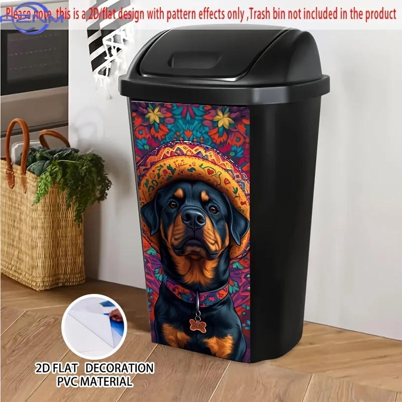 1pc Self-Adhesive 2D Flat Dustbin Sticker - x cm Rottweiler in Colorful Sombrero Pattern, PVC Glossy Decorative Stickers for T