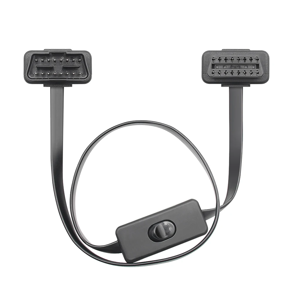 60CM 16Pin OBD2 Extension Cable Adapter Cable Flat+Thin As Noodle OBDII Male To Female Socket Connector With ON/OFF Switch