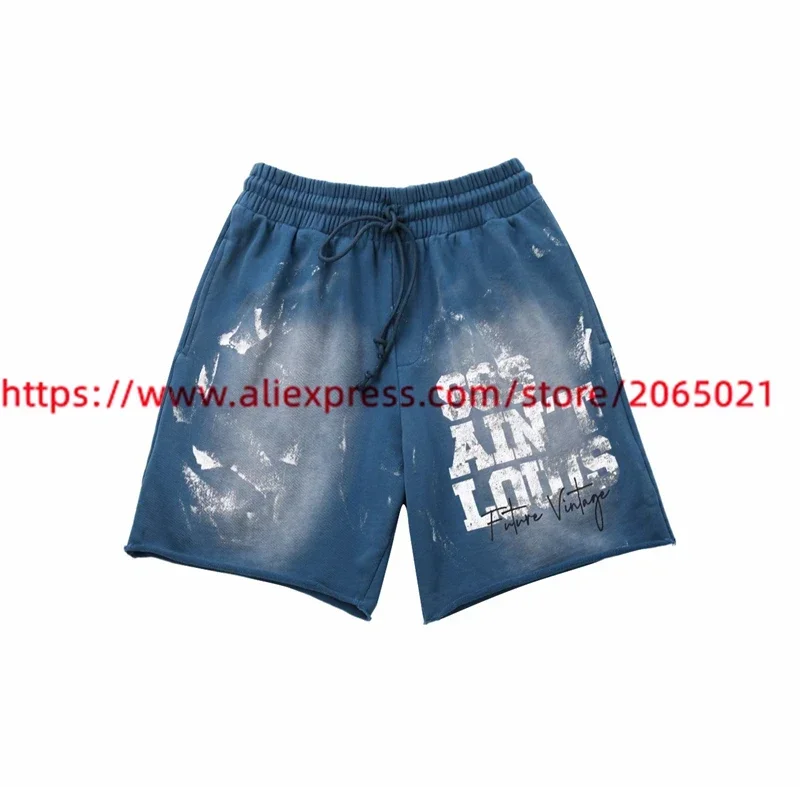 Washed Saint Louis Graffiti Shorts Men Women Best Quality Handcrafted Destroy Letter Print Drawstring Shorts