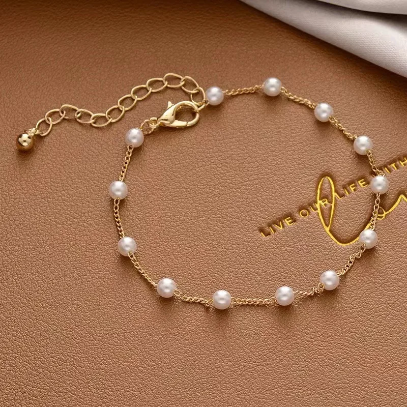 Simple Elegant Imitation Pearl Bracelets Gold Color Beads Chain for Womens Goth Chain Bracelet Bangles Trend Jewelry Gift