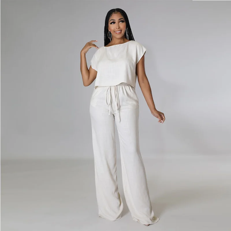 

HOUZHOU Cotton Linens Short Set Women Two Piece Sets Casual Matching Outfits Summer Wide Leg Trouser Suit Female Blue Streetwear