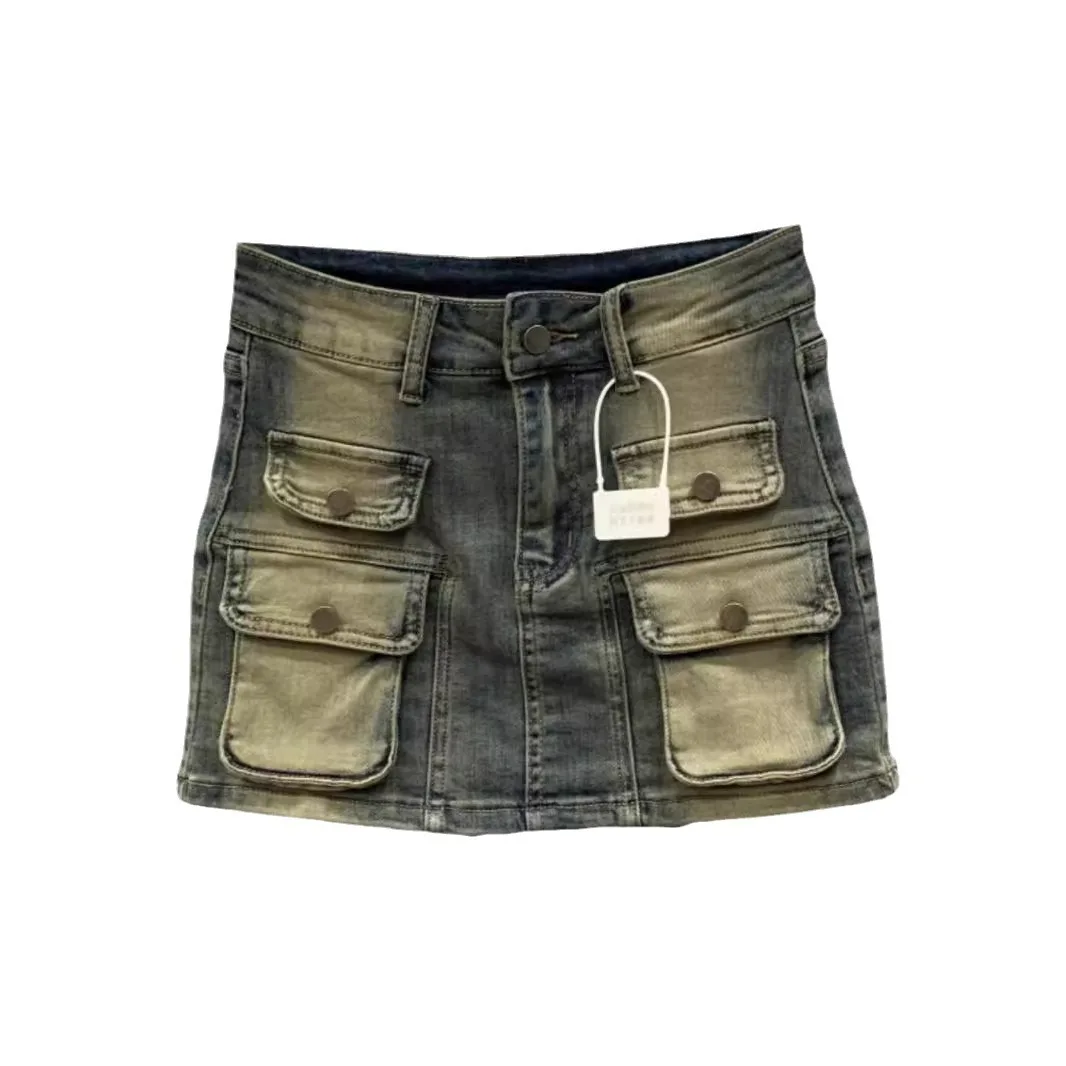 [Zoci] Workwear Denim Shorts Frauen 2024 Sommer neues High Taille Pocket Design, A-Linie Hüfte umarmen Rock