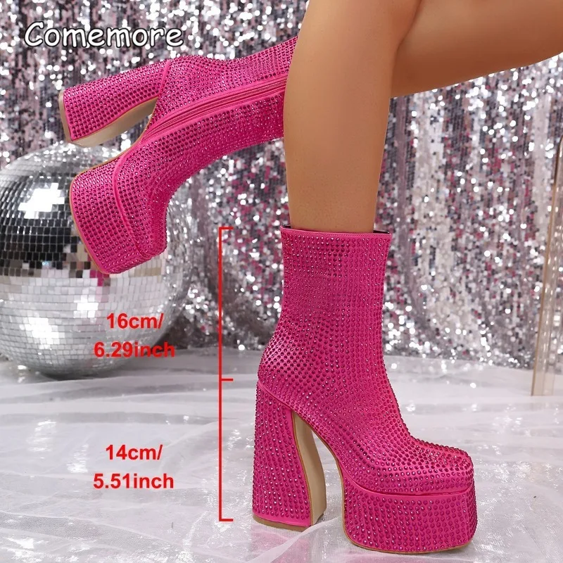 Super High Chunky Heeled Rhinestone Ankle Boots Rosepink Women's Fashion Platform Shoes Side Zipper Crystal Botines Botas Mujer