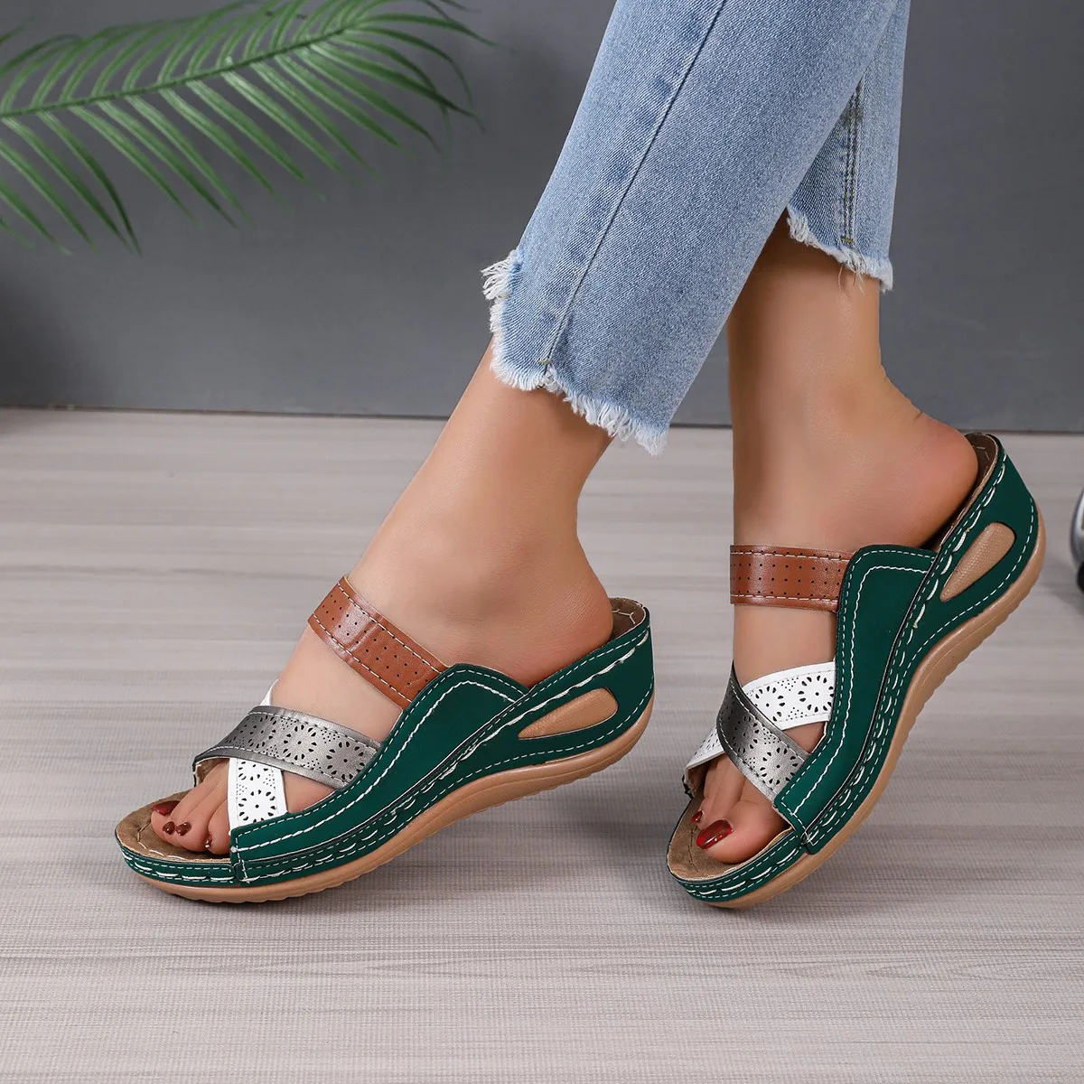 Women Wedges Slippers 2024 Summer New Orthopedic Open Toe Sandals Vintage Leather Casual Female Platform Slippers Slides Women