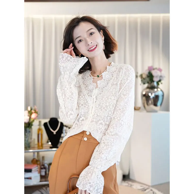 엘레 롱 슬리브 레이스 캐주얼 브이넥 홀로우 아웃 여성 탑 레이스 트림 루즈핏 가을용