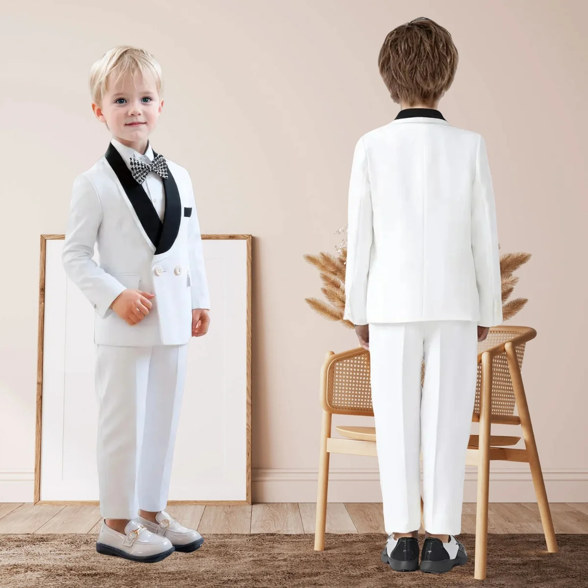 

Детский элегантный белый комплект из 5 шт./компл., куртка, жилет, брюки, брошь с галстуком-бабочкой, костюм для выступлений на фортепиано, свадебный наряд с цветочным узором для мальчиков, платье