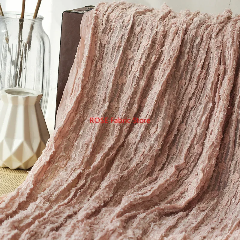 1 meter Chiffon Hook Embroidered Striped Wrinkled Fabric Fairy Style Wedding Dress Sewing Tulle Mesh Fabric