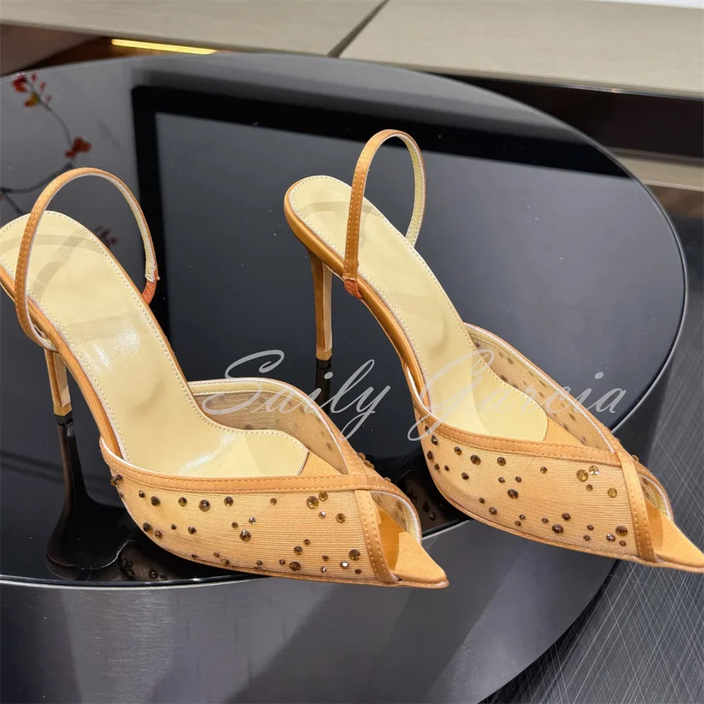 

Glitter Crystal Mesh High heel sandals Women Summer Pointed Toe Stiletto Heel Slingback Slip On Elegant Banquet Wedding Shoes