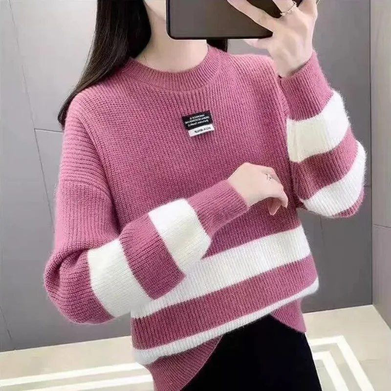 Autumn and Winter Women\'s Contrast Color Crew Neck Long Sleeve Loose Knitted Sweaters Jumpers Fashion Casual Office Lady Tops