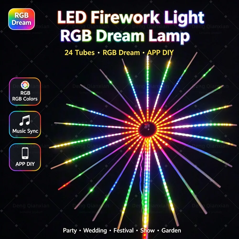 Firework Lights Weatherproof Outdoor, Music Activated RGB, 24 Tubes, Dual Speakers, APP Control, Holiday Festival Decor