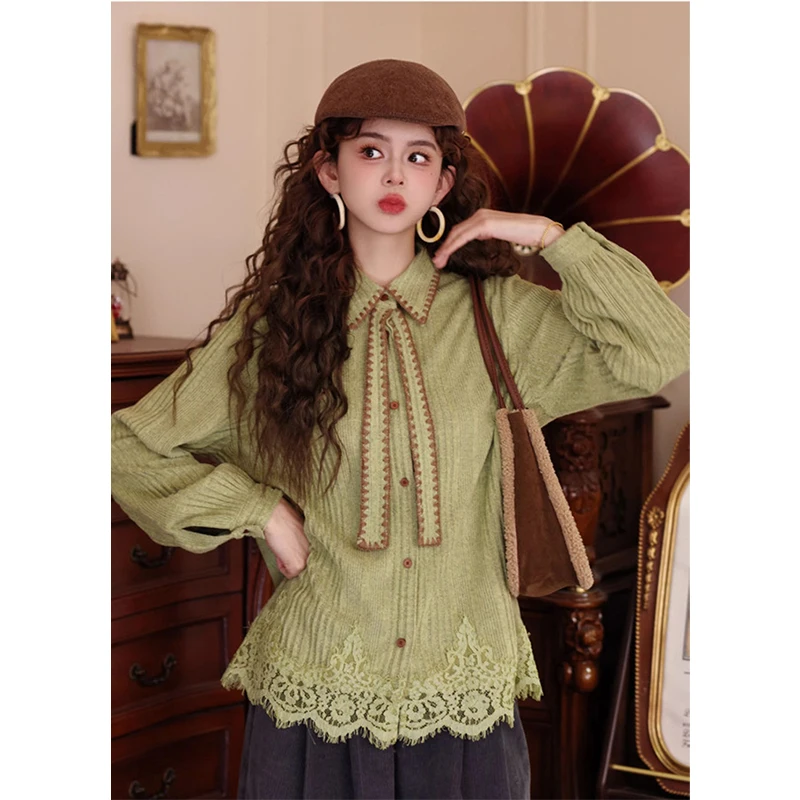 MEXZT قمصان دانتيل عتيقة للسيدات بلوزات هاراجوكو بربطة عنق مرقعة للخريف والشتاء ملابس الشارع الكورية بأكمام طويلة تصميم غير رسمي