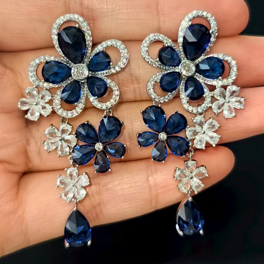 

luxury shiny jewelry cubic zirconia large flower earrings blue red bride wedding evening party anniversary gift