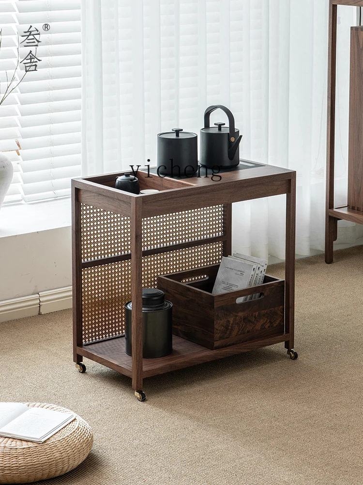 YFY  mobile tea cart North American black walnut solid wood cart Modern simple small tea table Side cabinet