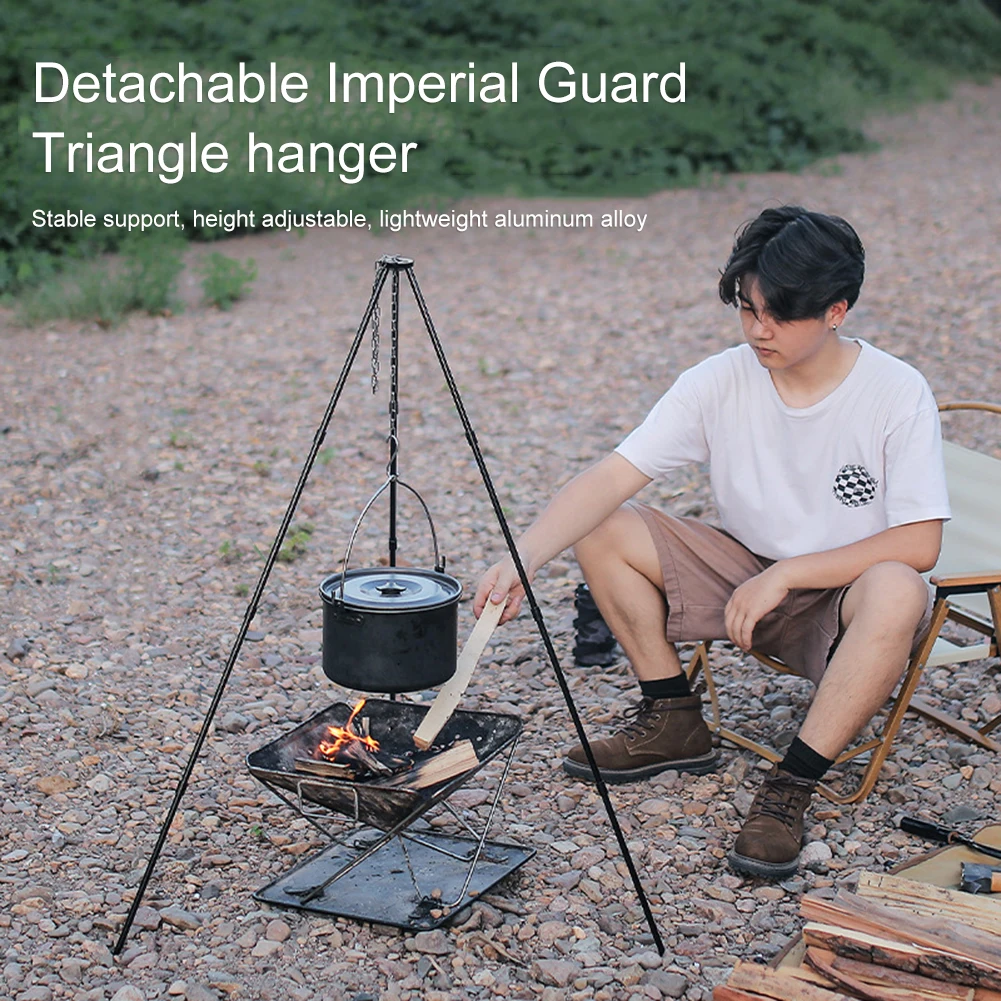 Soporte triangular portátil para cocina al aire libre, trípode de aleación de aluminio, soporte desmontable, cadena de acero inoxidable, accesorios para acampar