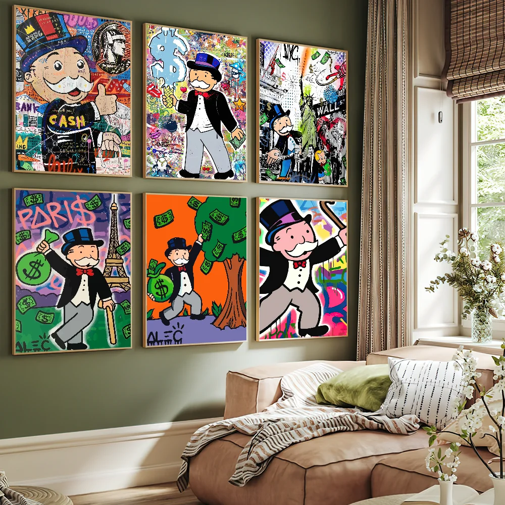 Alec Monopoly Draw Cartoon Dollar Poster Drucke Wandaufkleber Schlafzimmer Wohnzimmer Büro Zuhause Raumdekoration Malerei Selbstklebend